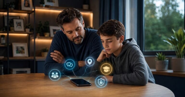 A parent and child discussing the best age for a first smartphone.