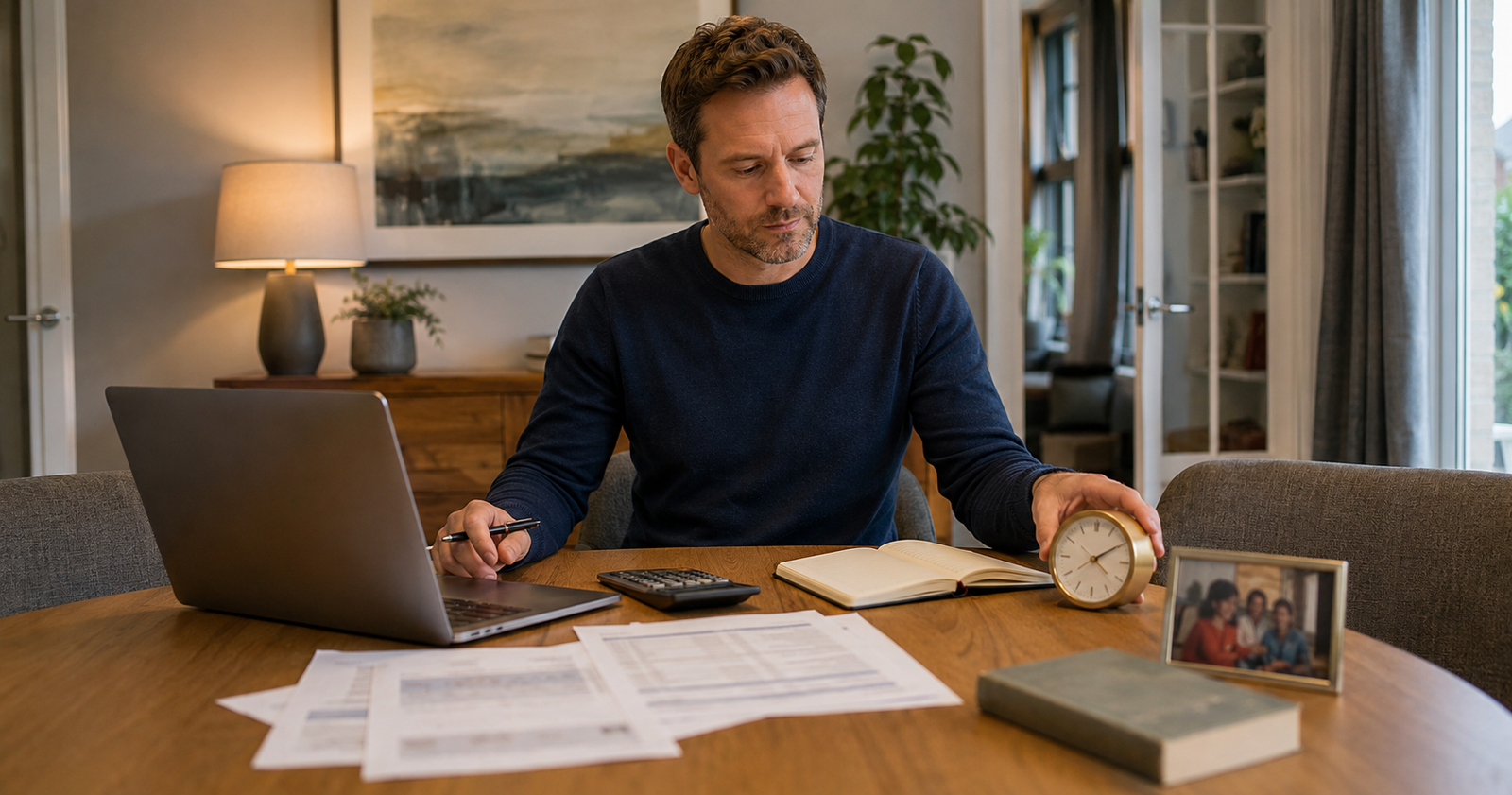 Professional deciding between more money or more free time while reviewing finances and personal priorities.