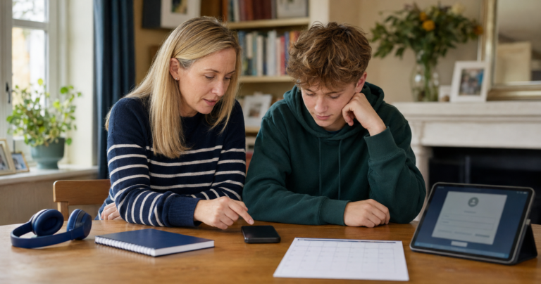 Parent and teenager discussing a proposed social media ban for children under 16.