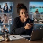 A thoughtful adult experiencing social media comparison while viewing other people’s achievements.
