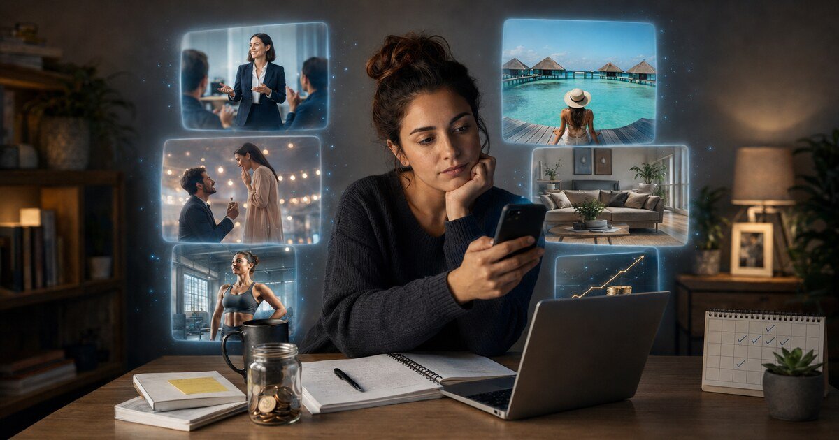 A thoughtful adult experiencing social media comparison while viewing other people’s achievements.