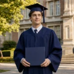Graduate wearing a cap and gown while holding a degree on a university campus