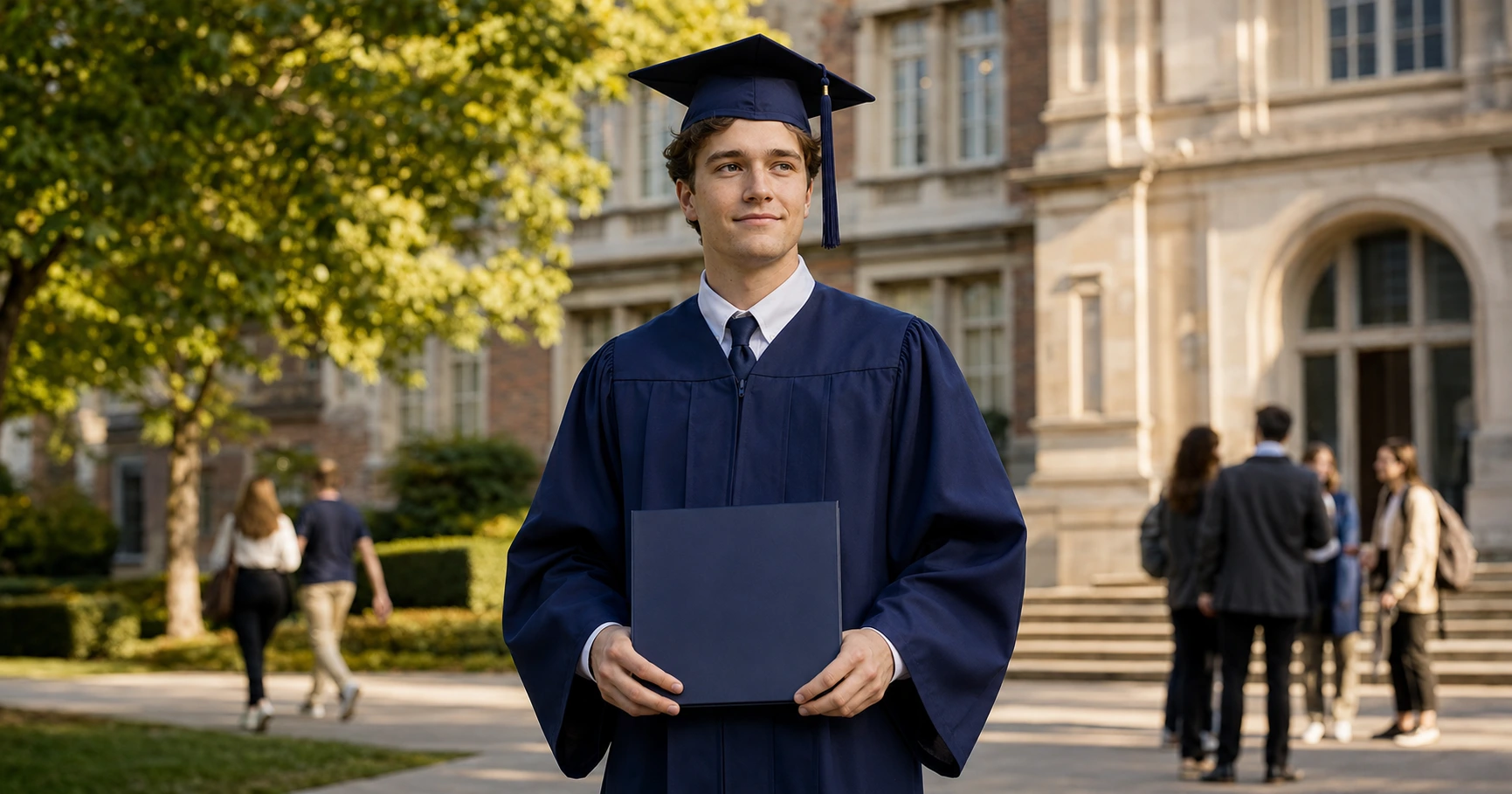 Graduate wearing a cap and gown while holding a degree on a university campus