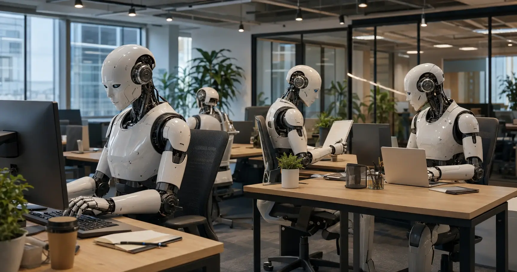 AI robots seated at computers and working like employees in a modern office. Job replacement.