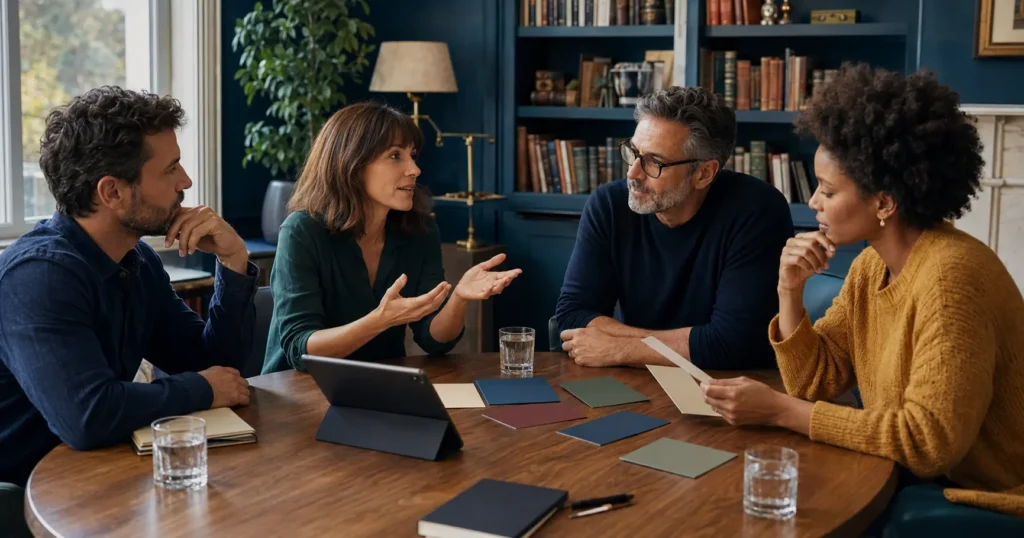 Adults sharing different perspectives during a thoughtful editorial discussion