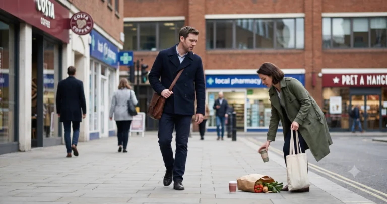 An exhausted commuter hesitates after noticing a stranger drop groceries on a busy city pavement