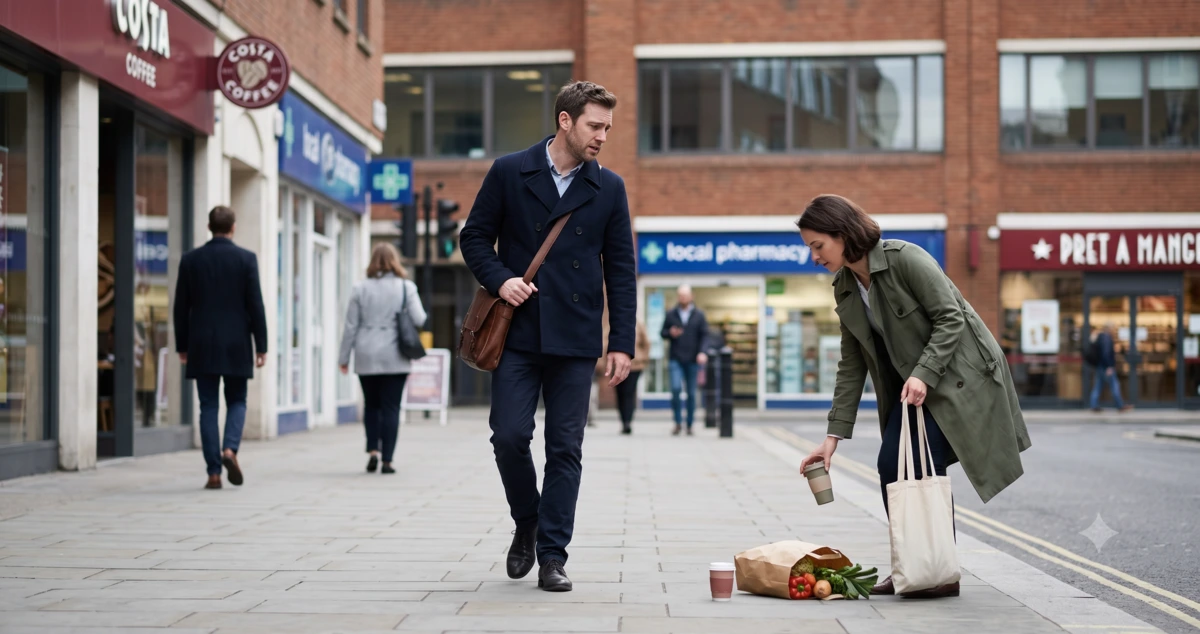 An exhausted commuter hesitates after noticing a stranger drop groceries on a busy city pavement
