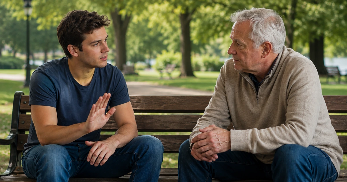A young adult calmly sets a boundary while an older adult listens during an intergenerational conversation