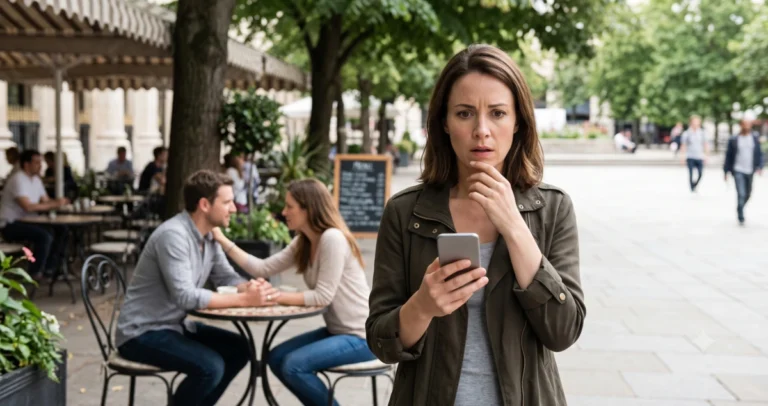 A conflicted friend holds a phone after witnessing a married friend behaving intimately with another person at a café