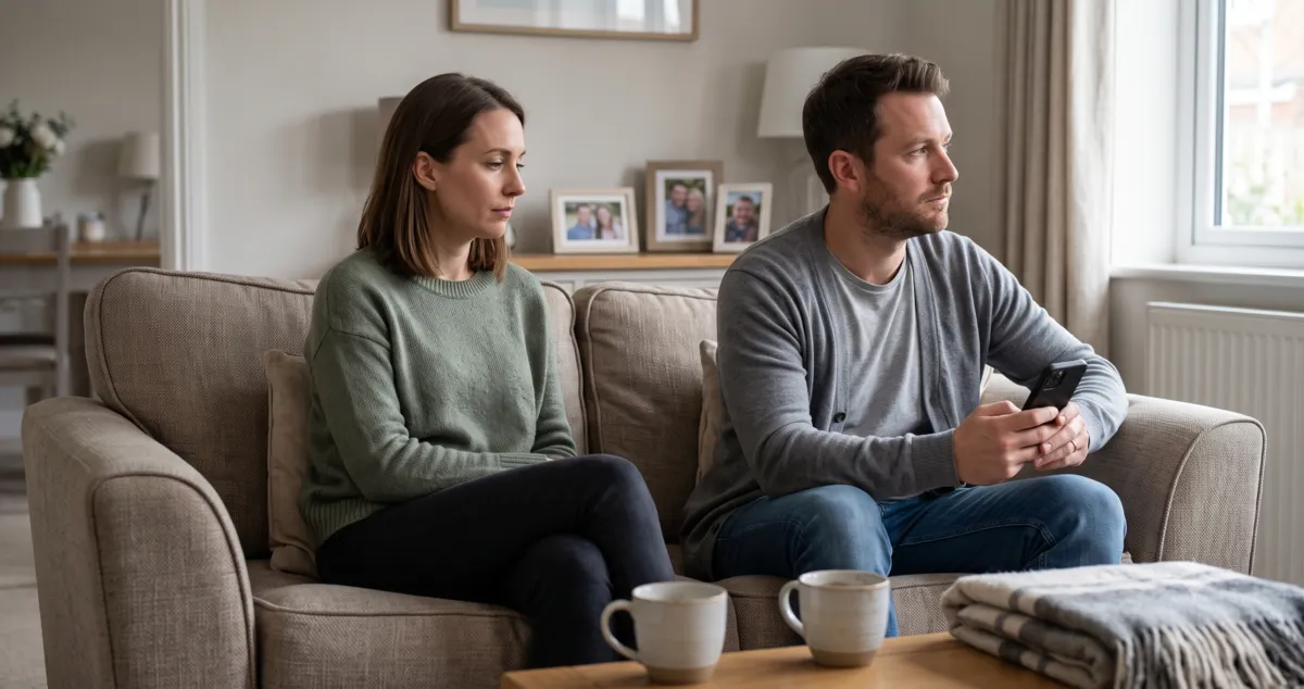 A couple sits together on a sofa while one partner appears emotionally lonely and the other remains distant.
