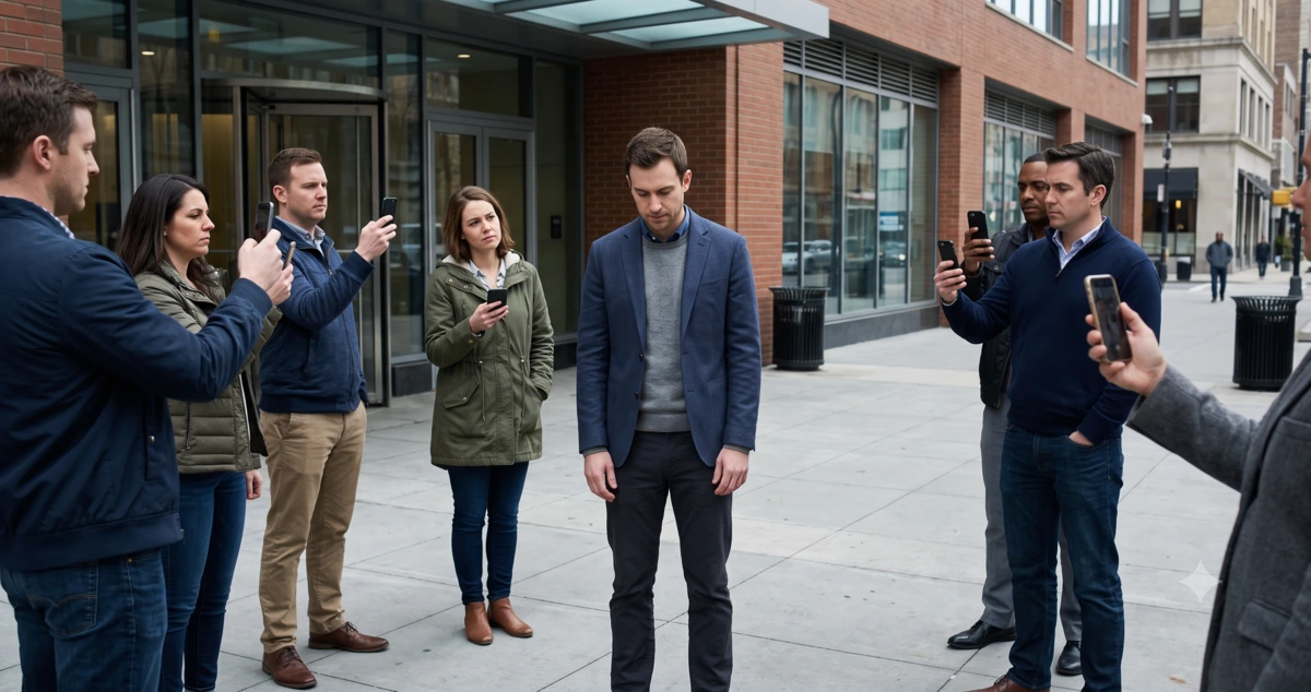 A remorseful adult faces a crowd recording with phones while one bystander questions whether the public shaming has gone too far