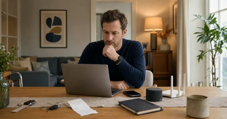 Adult reviewing online privacy settings on a laptop among everyday connected devices