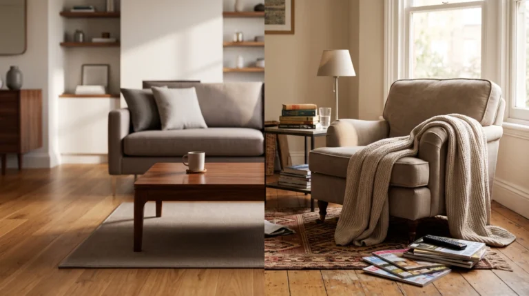 A realistic split interior scene showing a tidy living room next to a lived-in space, highlighting household cleanliness standards.