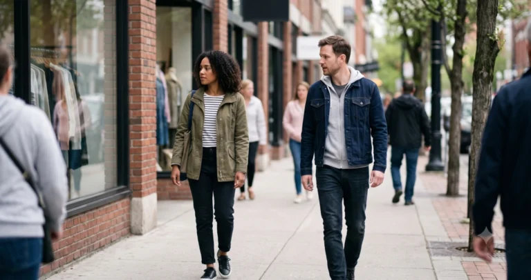 Two adults passing on a city street as one subtly looks away to avoid a conversation