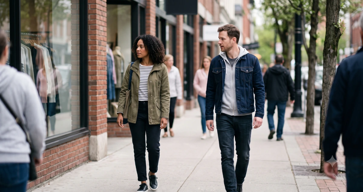 Two adults passing on a city street as one subtly looks away to avoid a conversation