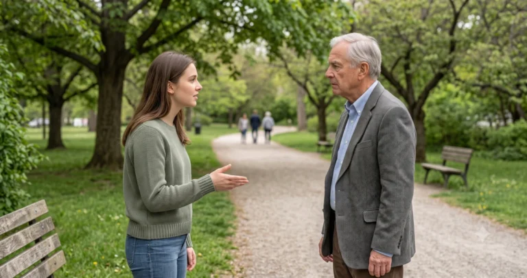 A young adult respectfully disagrees with an older adult during a serious conversation in a park