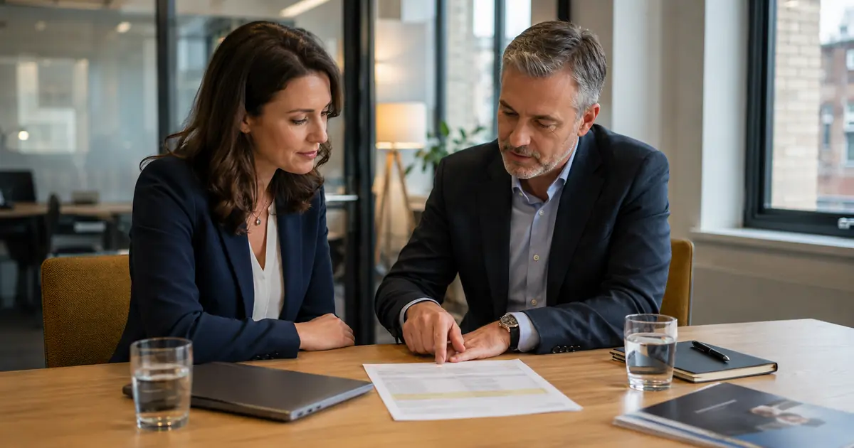 Job candidate and hiring manager reviewing salary information included in a job advertisement.
