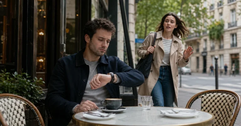 A frustrated café customer checks a wristwatch while a late friend arrives apologetically